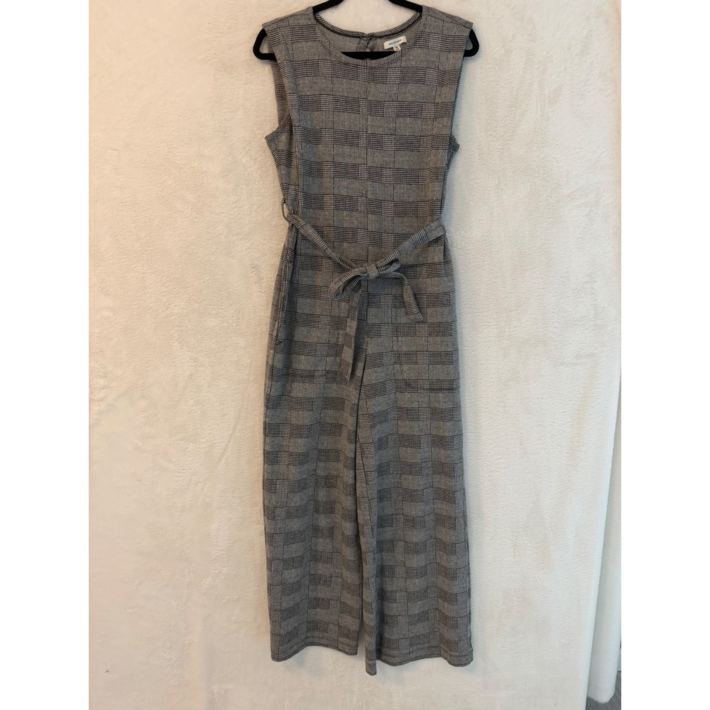 Max Studio Plaid Jumpsuit Womens XS Grey Black Wide Leg Sleeveless Belted Pocket
